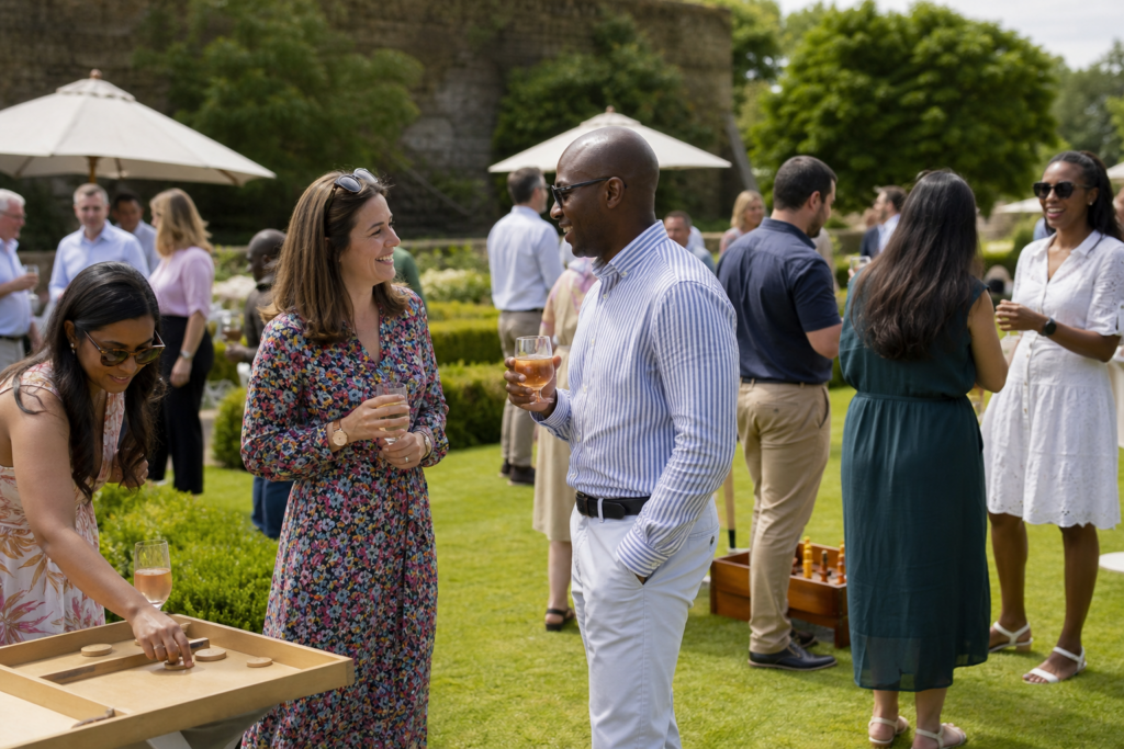 Colleagues enjoying a relaxed corporate fun day outdoors at a UK venue