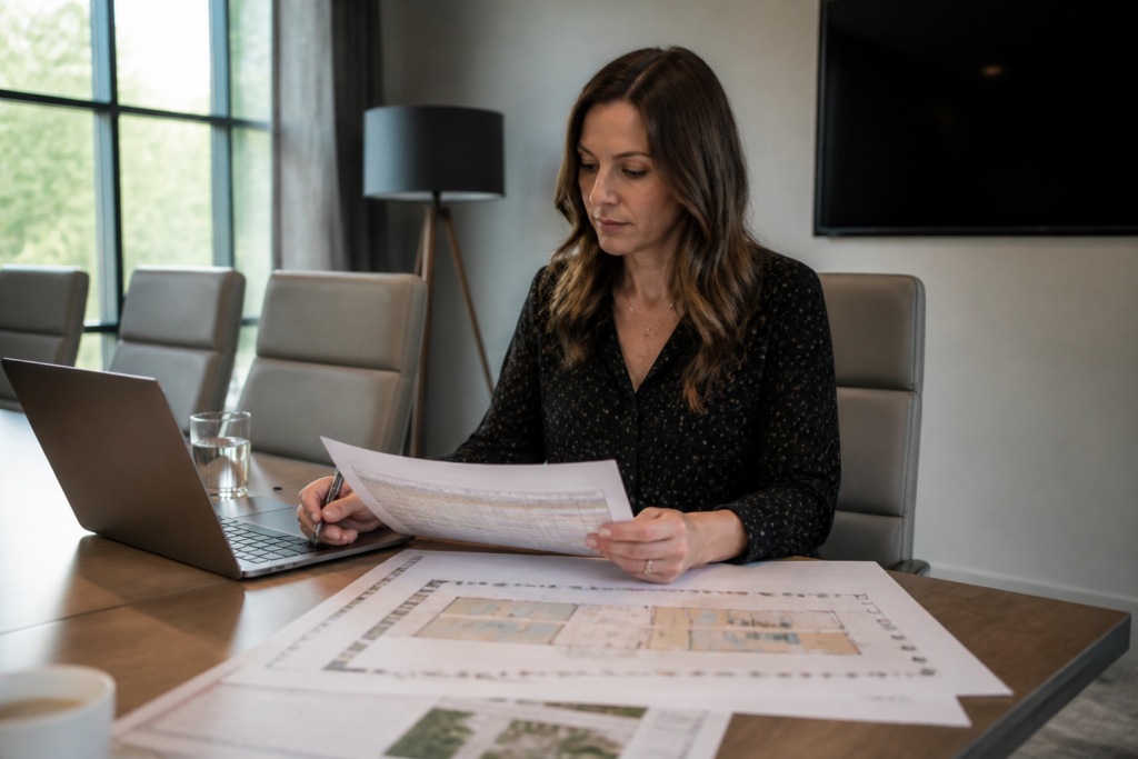 Corporate event organiser reviewing a run sheet and venue plan