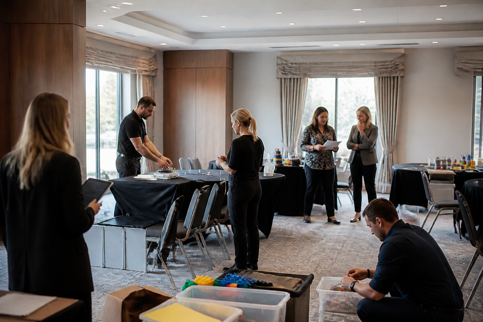 Facilitators setting up a team building activity in a corporate venue