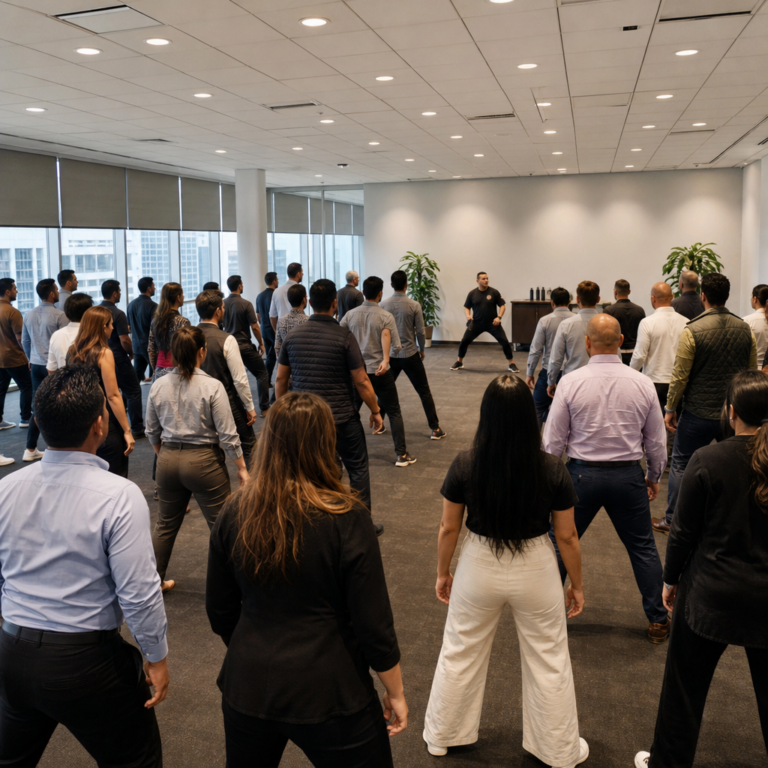 Wide view of a corporate group arranged in rows during a haka workshop in a conference room.