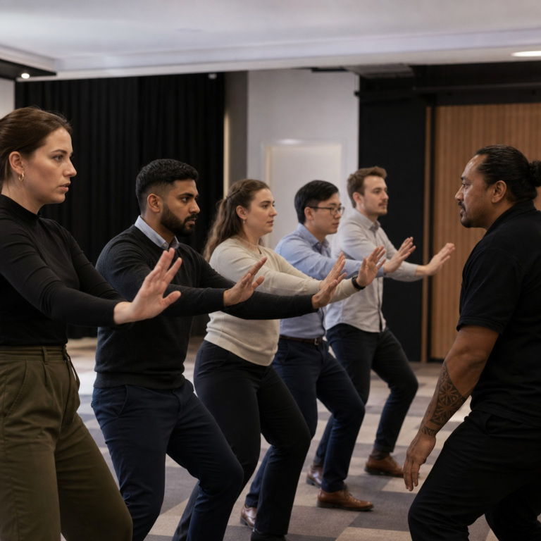 Colleagues rehearsing coordinated haka movements during a Māori-led team workshop.