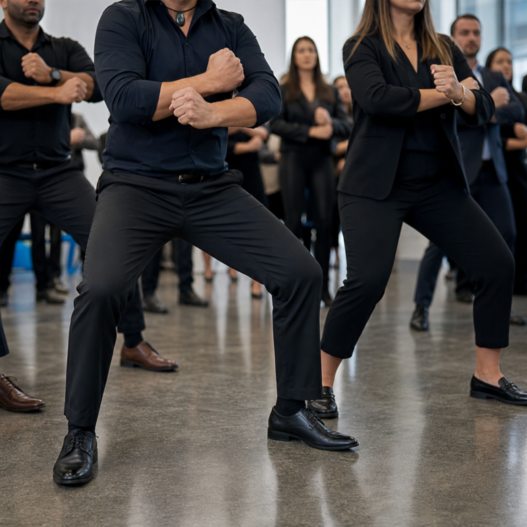 Close-up of participants' hands and foot positions during a corporate haka rehearsal.