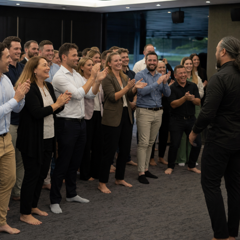 Corporate team applauding together after completing their haka workshop performance.