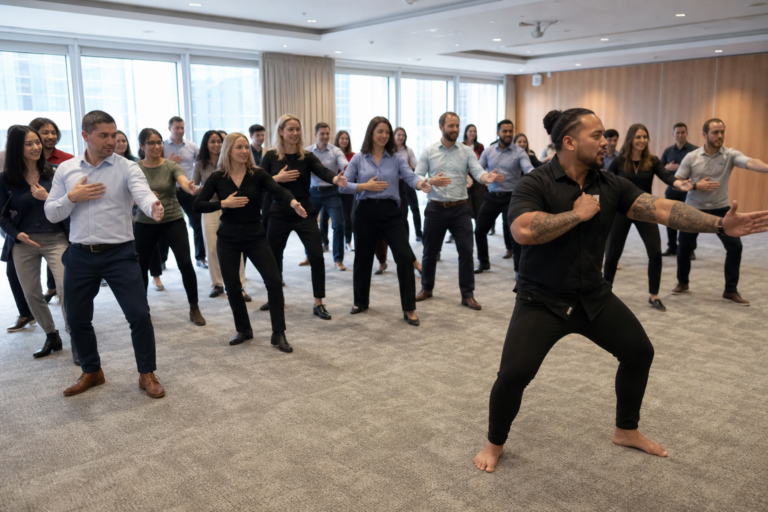 Corporate team learning coordinated haka movement with a Māori facilitator at a UK conference venue.
