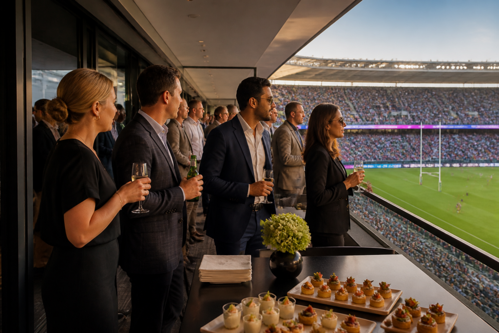 Guests in a corporate hospitality box watching a match with drinks and canapés on a table