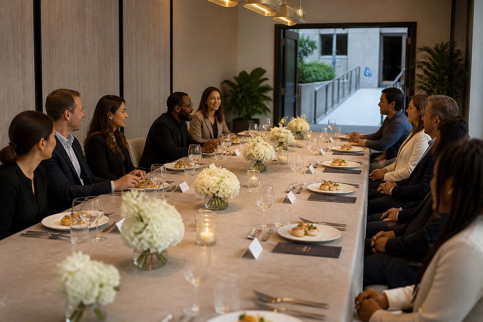Private dining table set for a corporate hospitality event with plates and place cards
