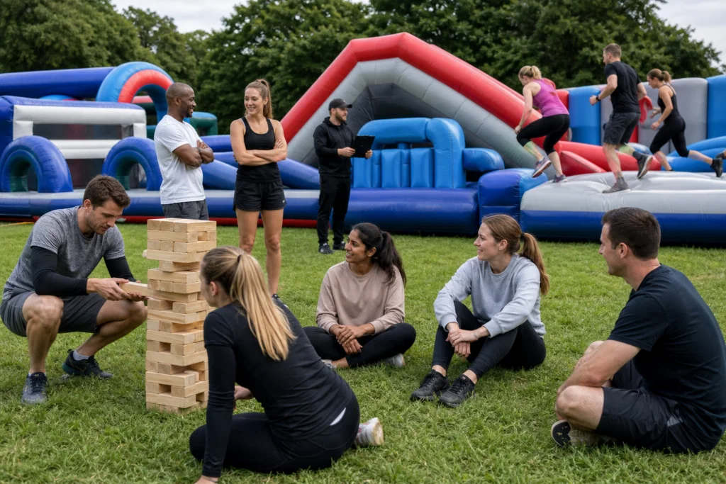 Corporate team building guests choosing between an inflatable challenge and lawn games