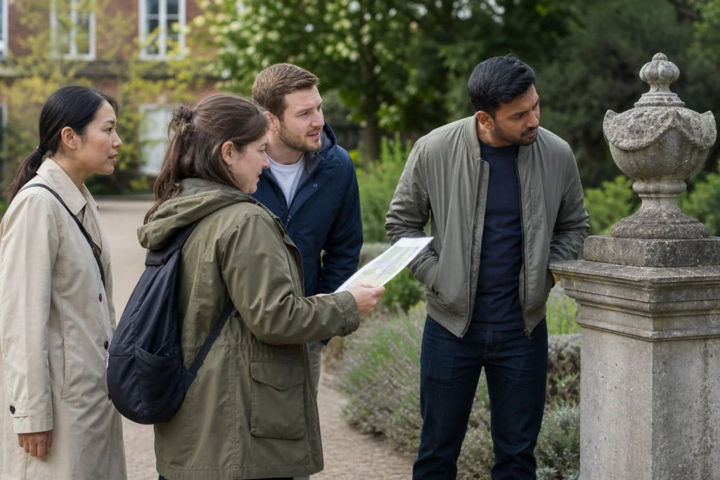 Corporate team following an accessible outdoor scavenger hunt route