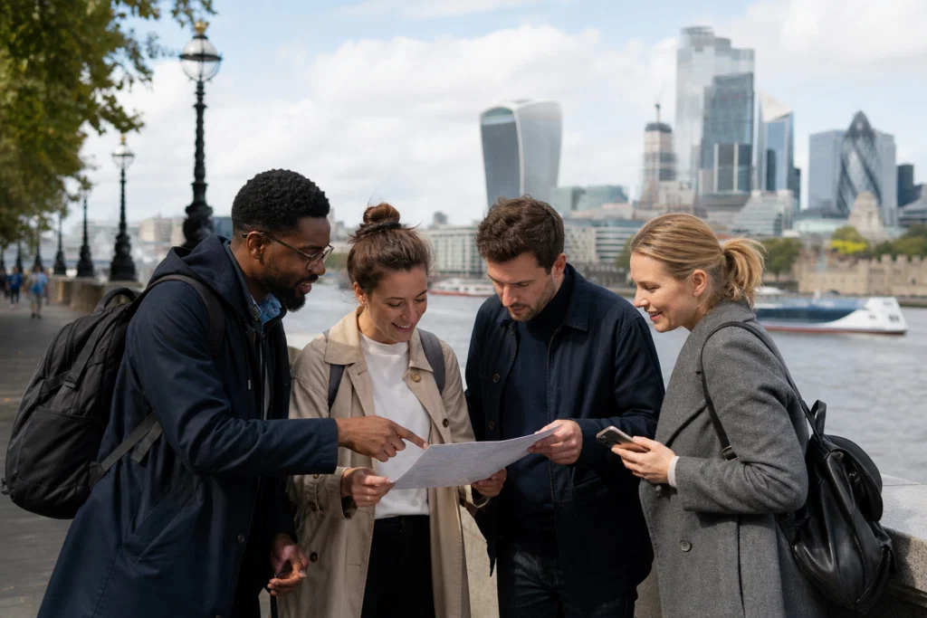 Corporate team on a London riverside treasure hunt