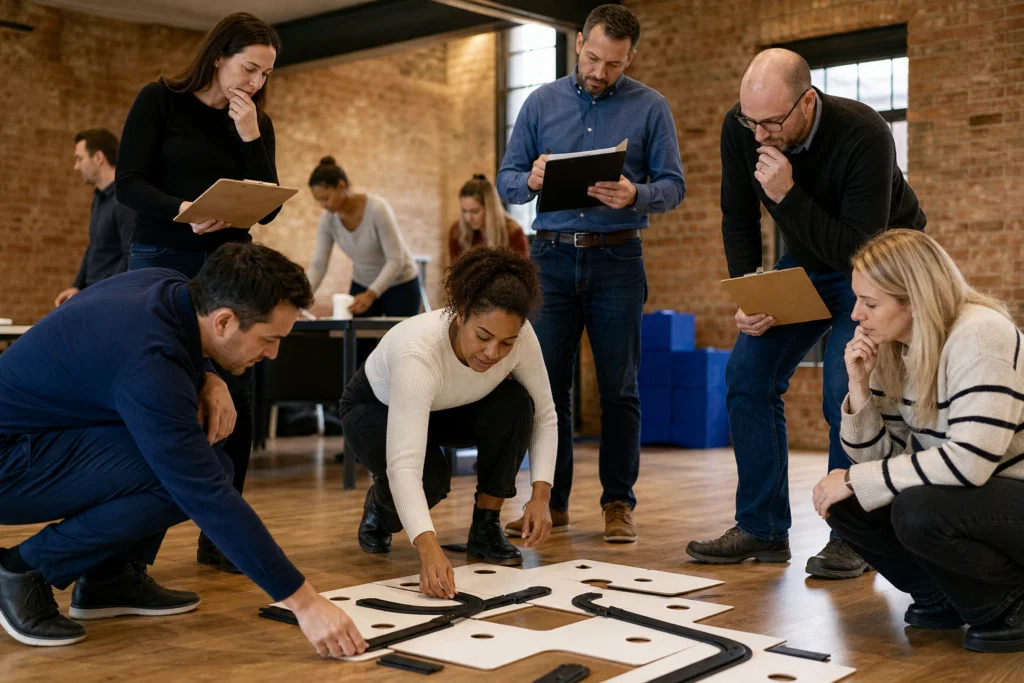 Corporate team using different working styles during a problem solving activity