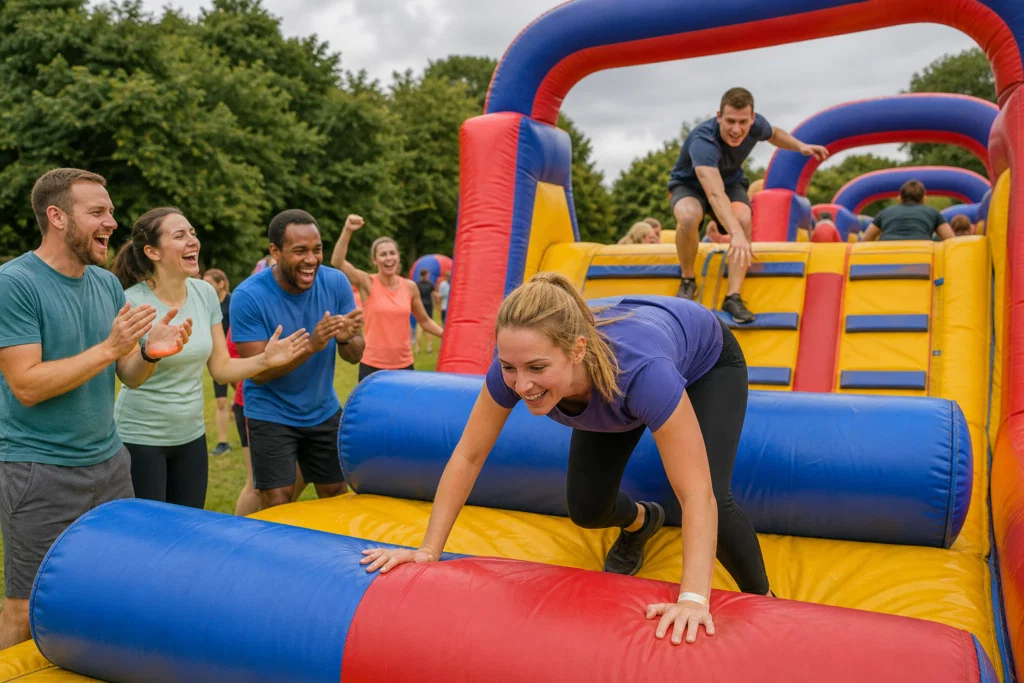 Corporate teams competing on an inflatable obstacle course during an It's a Knockout event