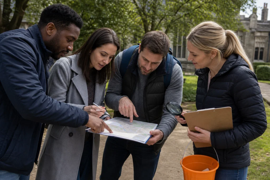 Cross-department colleagues planning an outdoor team building challenge