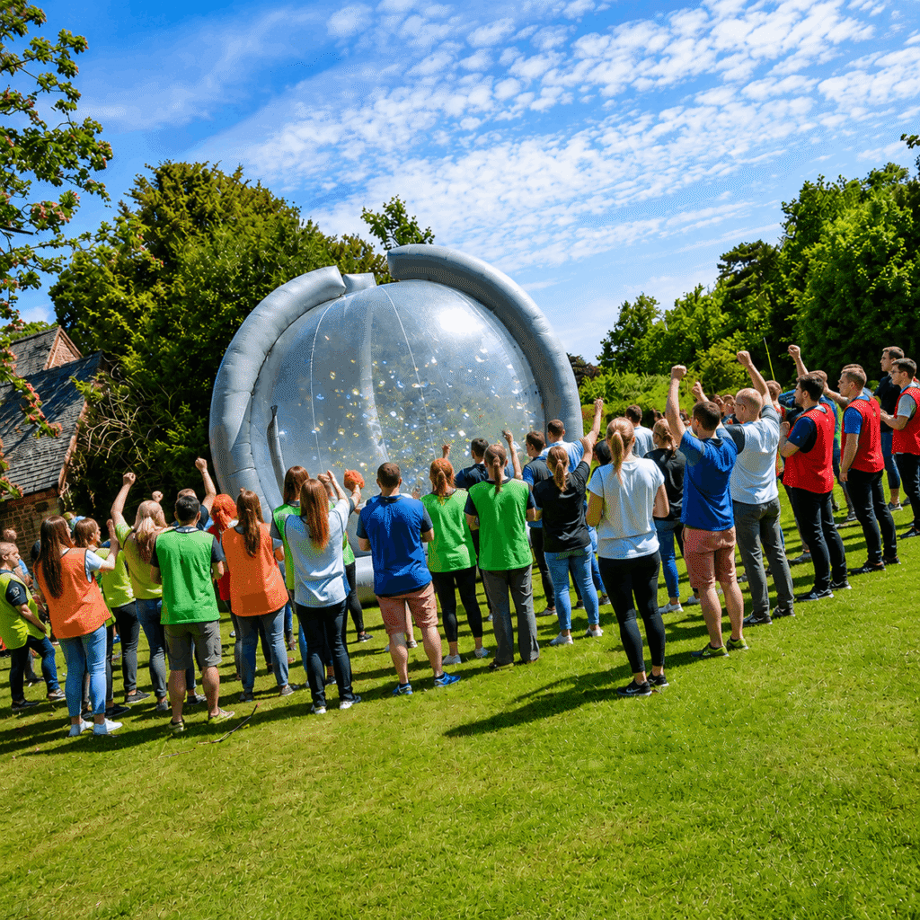 People cheering as a team is inside the crystal maze inflatable