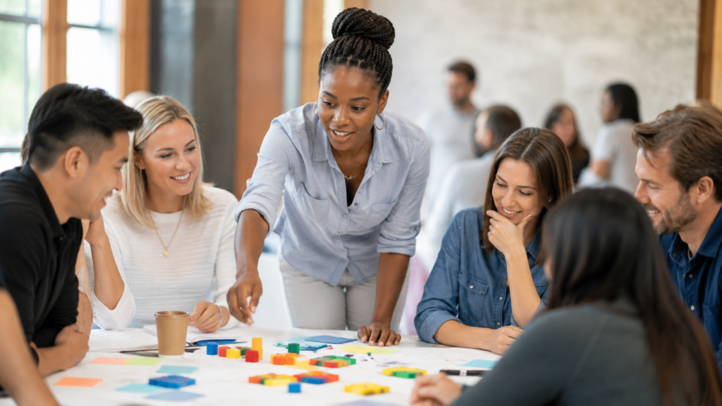 Colleague leading a team strategy challenge while others listen, contribute and work together around a table.