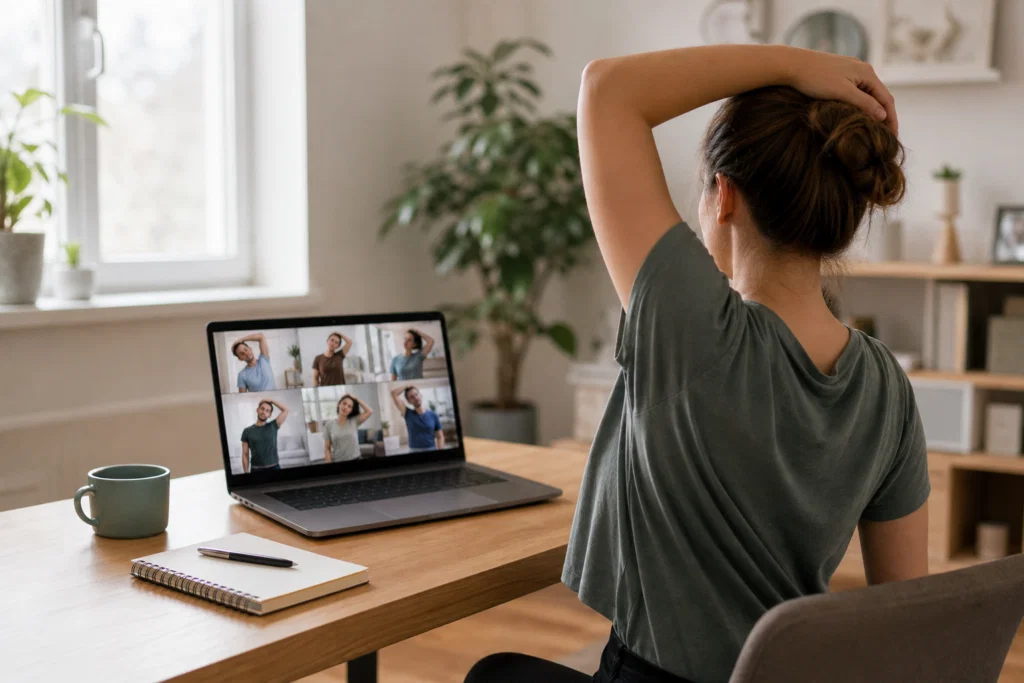 Employee taking part in a virtual wellbeing team building session from a home workspace