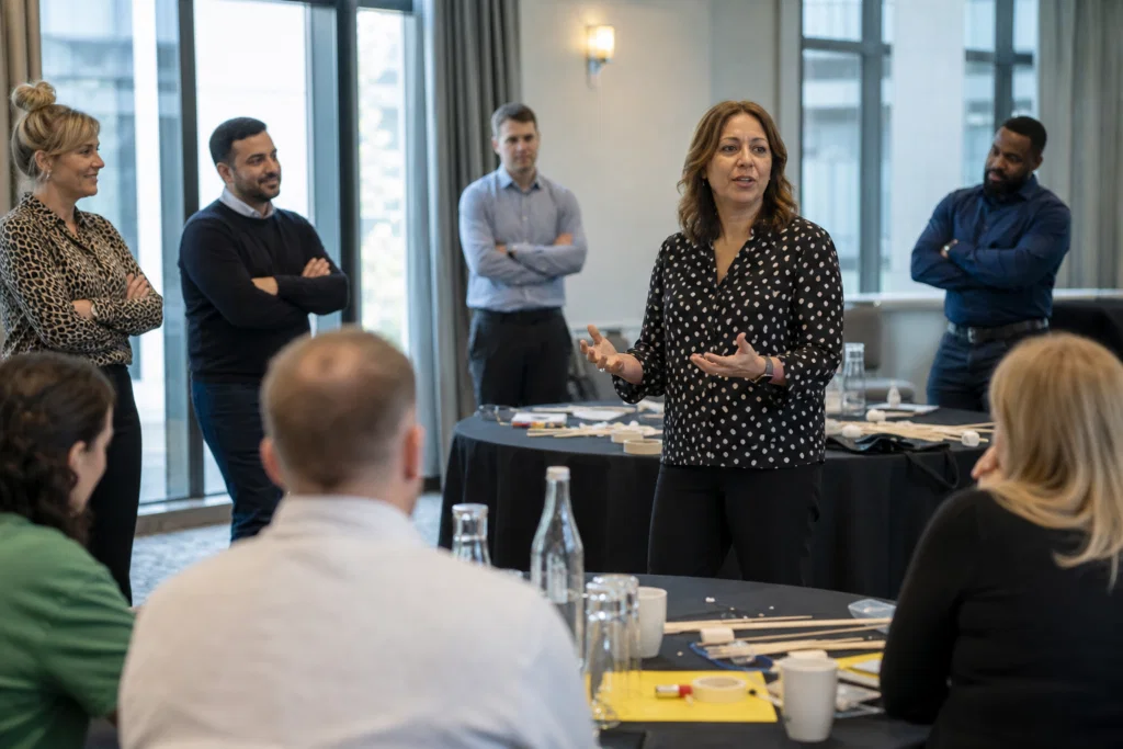 Event facilitator briefing colleagues before a team building challenge