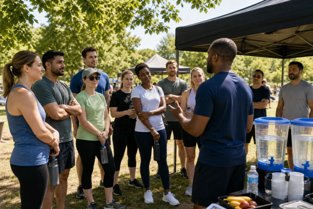 Event facilitator briefing colleagues before outdoor sports team building activities