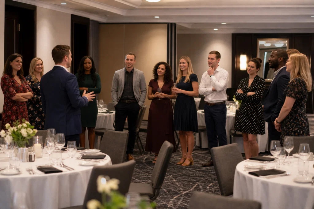 Event host briefing colleagues before a corporate murder mystery dinner