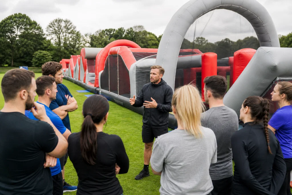 Event supervisor briefing colleagues before an inflatable obstacle activity