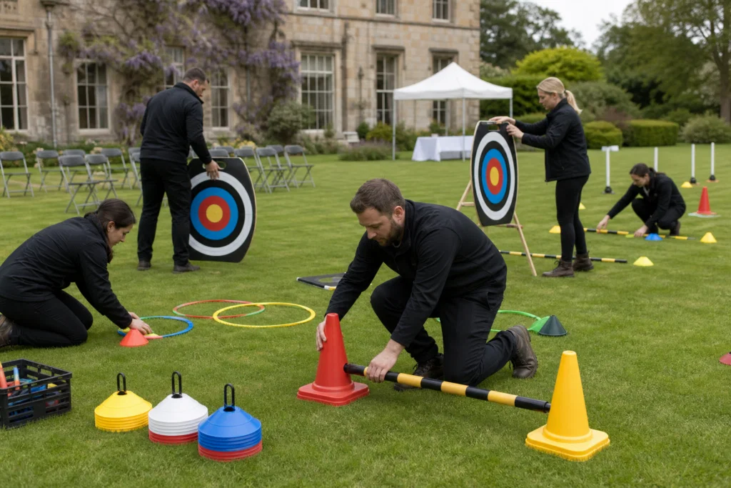 Event team preparing activity zones for a workplace challenge event