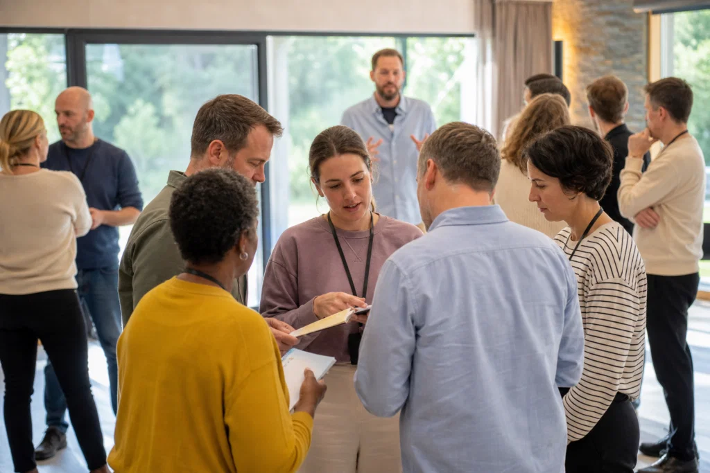 Facilitated debrief after a leadership team building challenge
