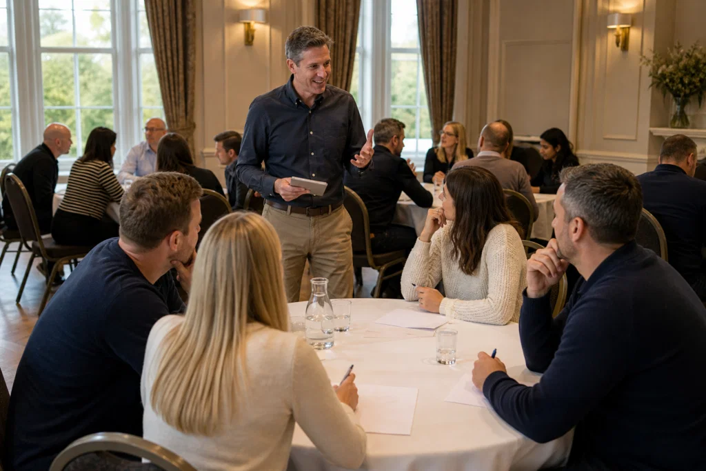Facilitated riddle round at a corporate team building event