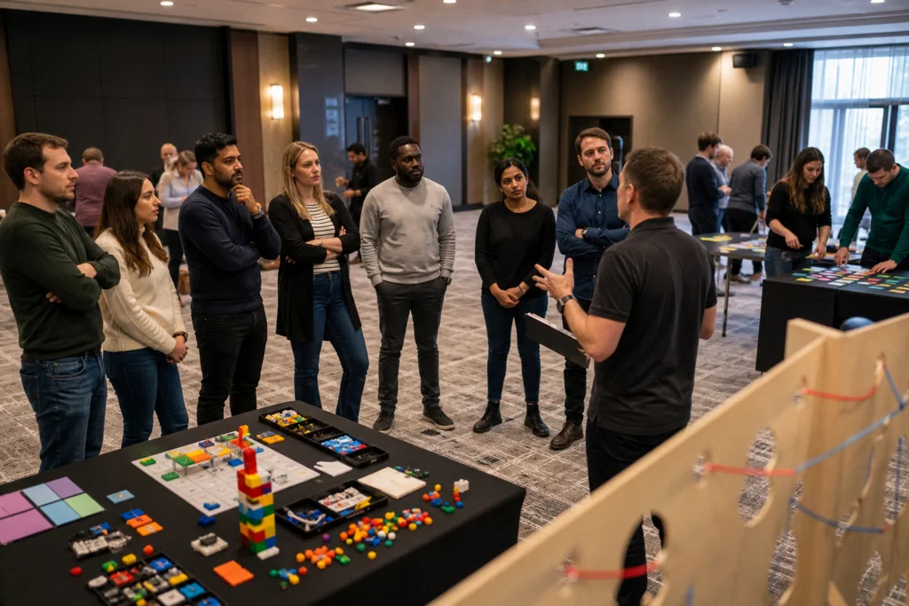 Facilitator briefing an IT team before a corporate team building activity