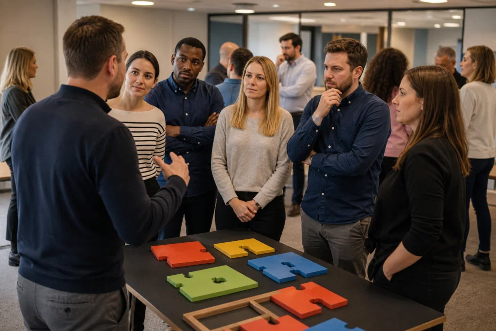 Facilitator briefing colleagues before an indoor team building challenge