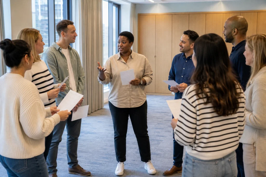 Facilitator explaining ice breaker bingo rules to colleagues at a work event