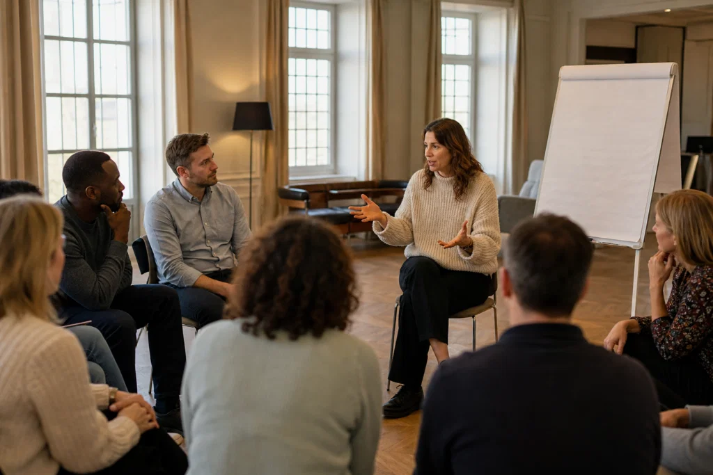 Facilitator leading a debrief after a corporate team building activity