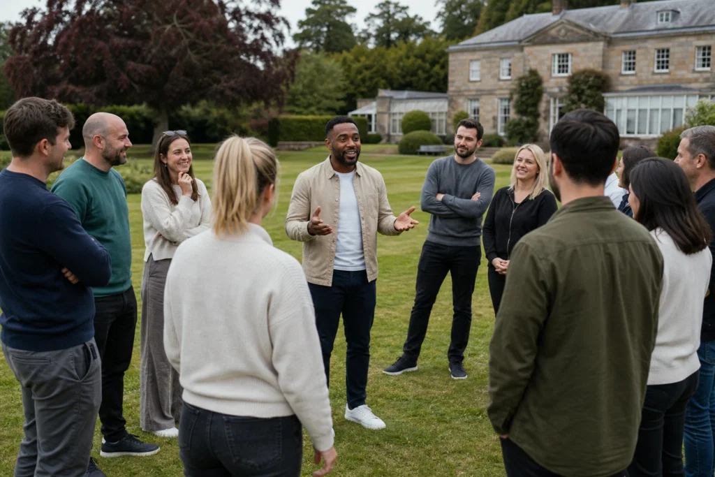 Facilitator leading a relaxed outdoor team building warm-up at a corporate away day