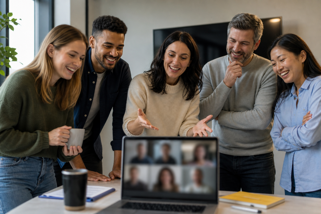 Facilitator running a structured remote team game for a hybrid workplace group