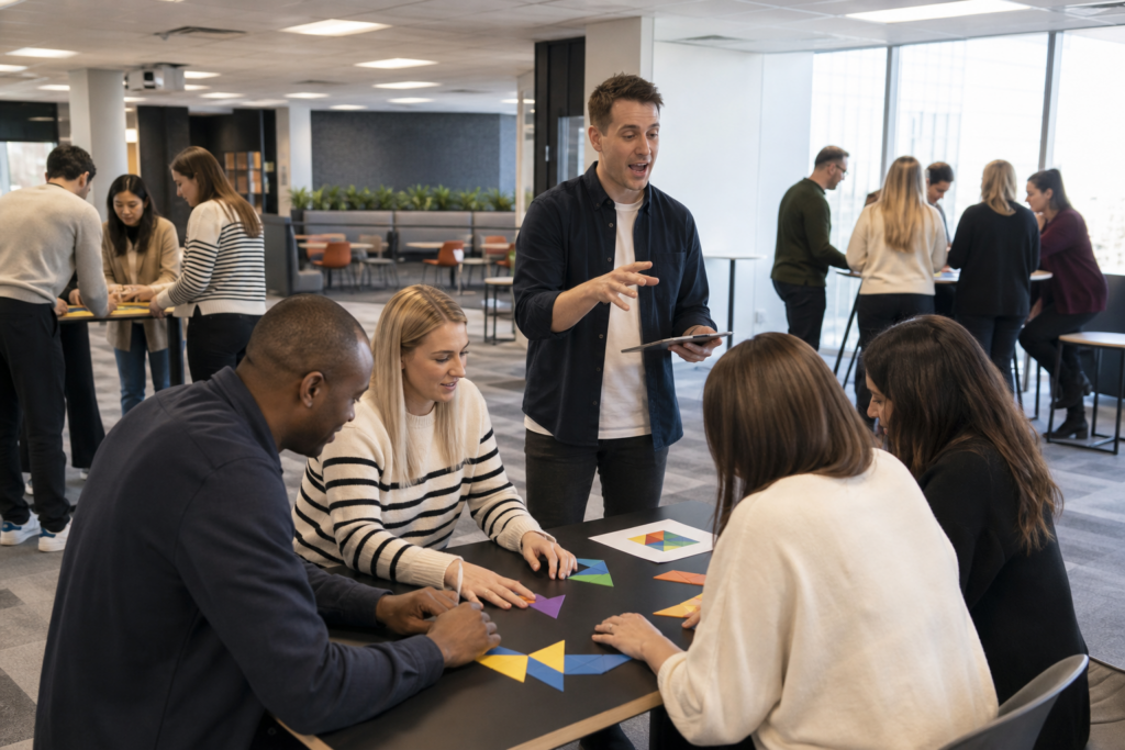 Facilitator running an office team challenge for colleagues