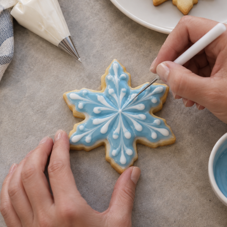 Hands creating a feathered blue and white icing pattern on a snowflake biscuit.