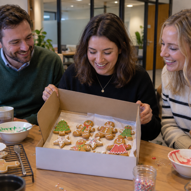 Colleagues admiring finished festive biscuits in a take-home gift box.