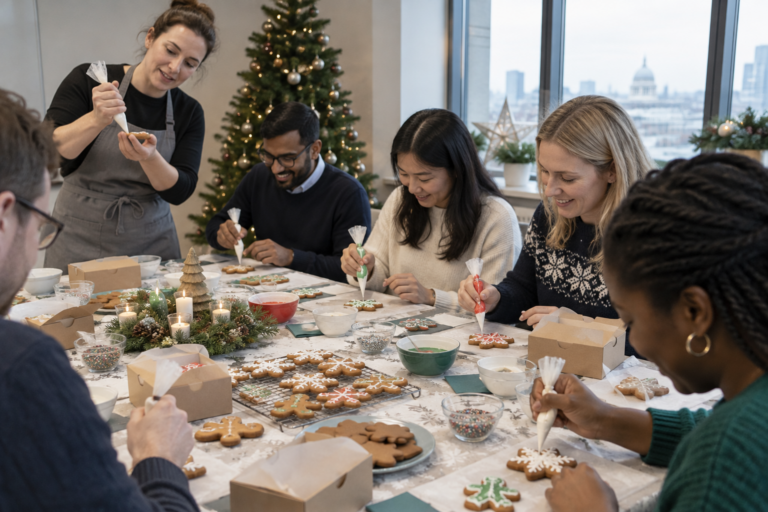 Colleagues piping icing onto festive biscuits with an instructor at an office workshop.