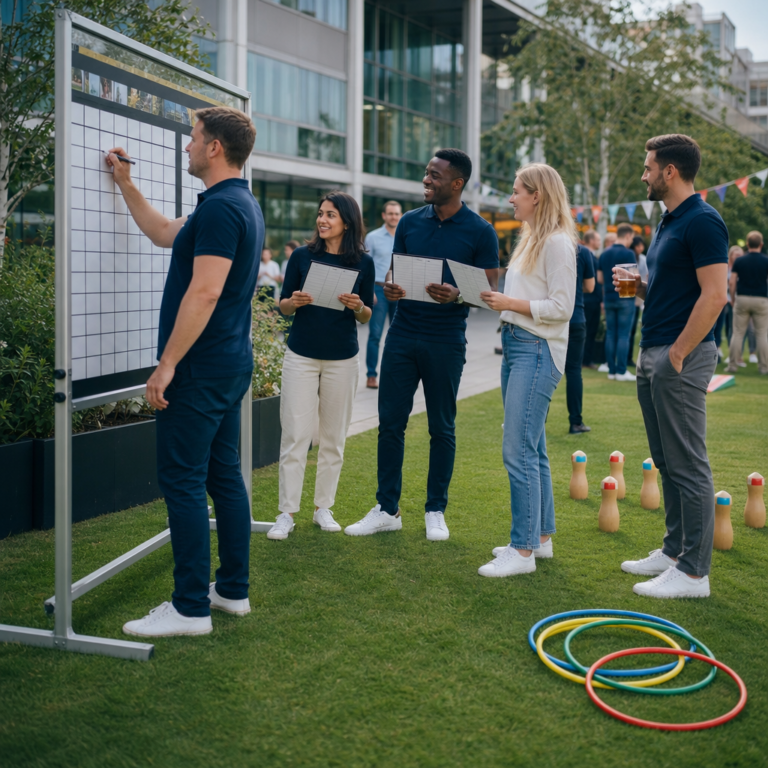 Event host running a light competition during a corporate lawn games event