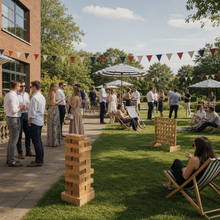 Corporate summer party set-up with lawn games, seating and networking space