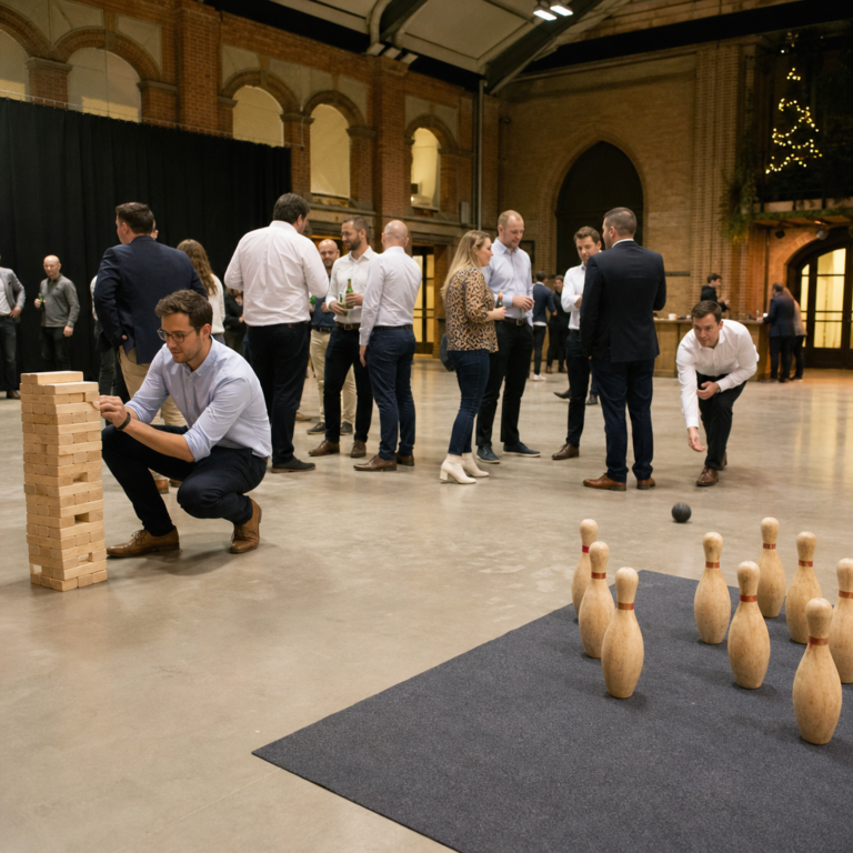 Indoor backup set-up for a corporate lawn games event in a venue hall