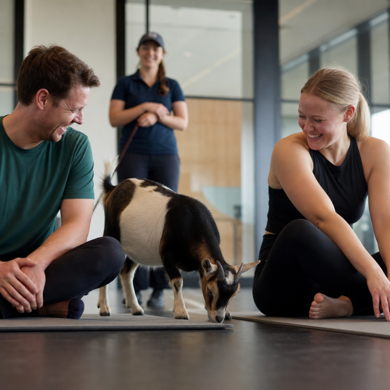 A curious goat investigates a yoga mat as two colleagues enjoy a seated stretch.