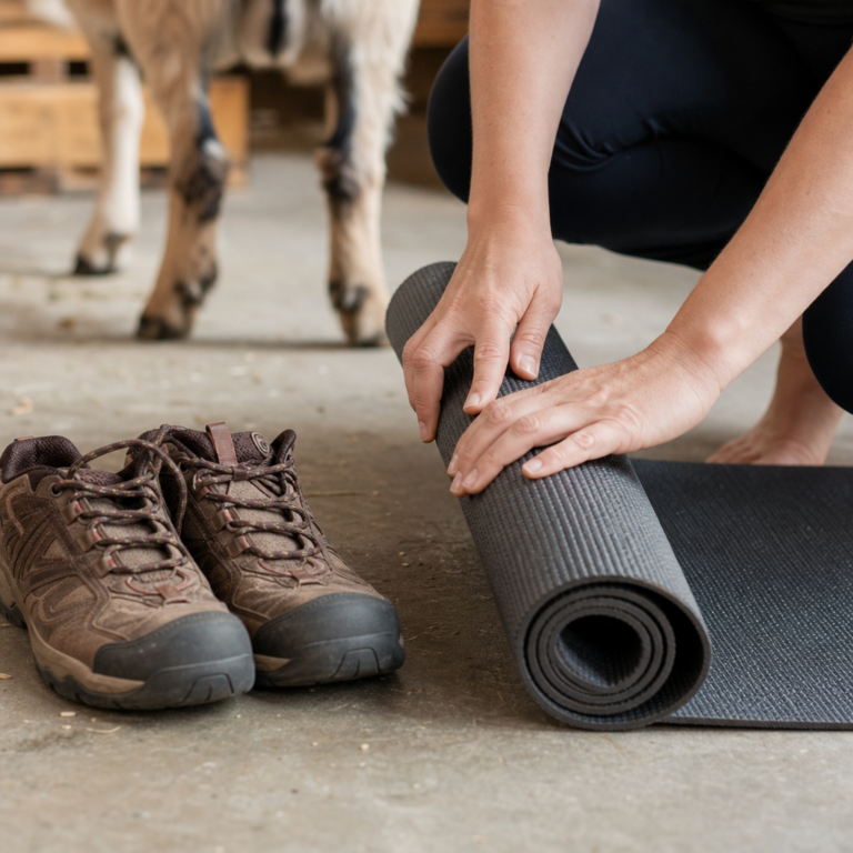 Close-up of a participant packing away a yoga mat after a supervised Goat Yoga session.