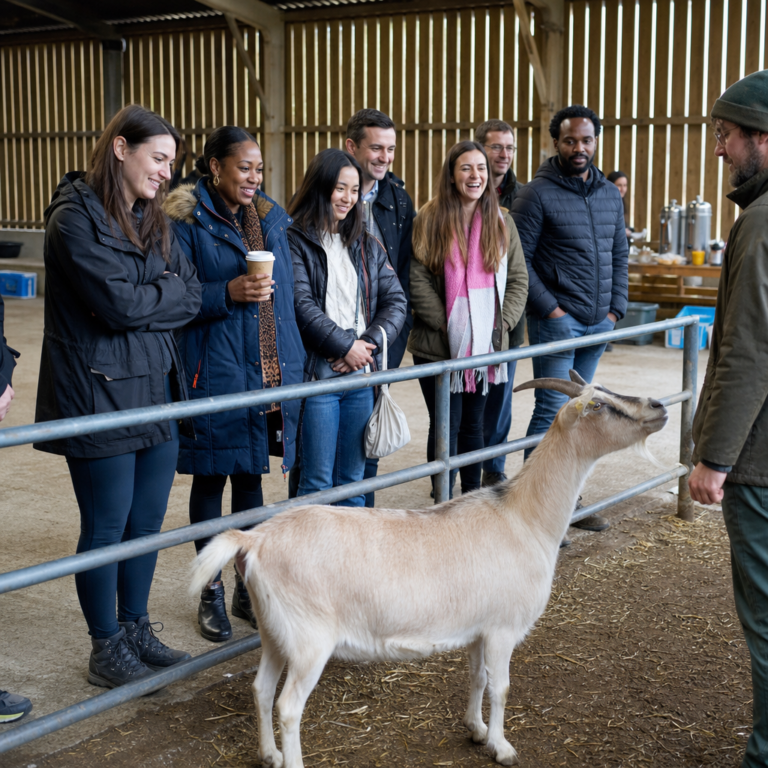 Corporate colleagues chat after Goat Yoga while a goat approaches its handler nearby.