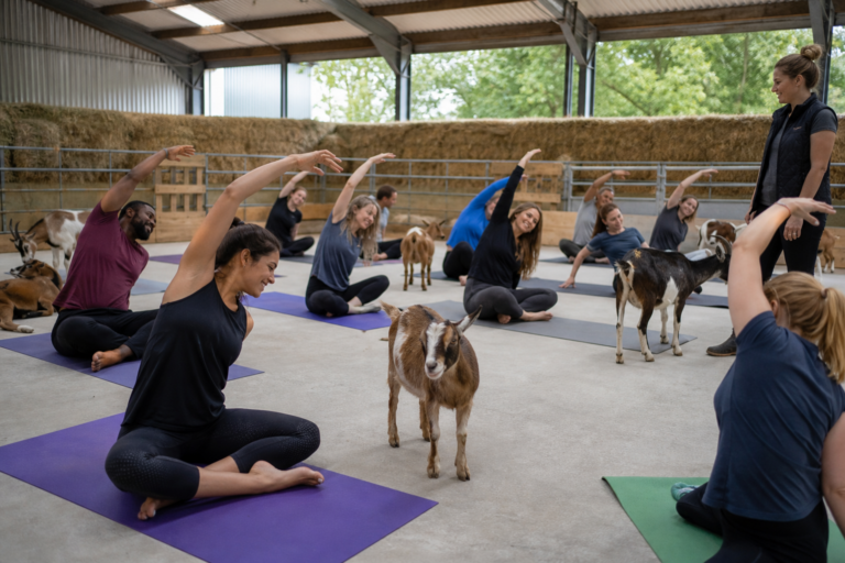 Corporate colleagues taking part in a gentle Goat Yoga session with supervised goats in a covered UK venue.