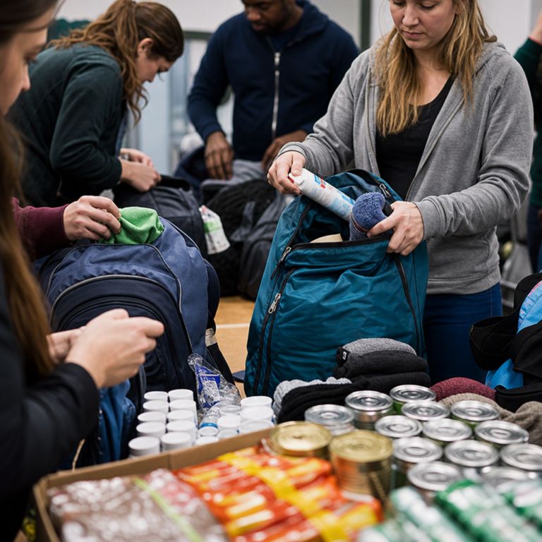 Team packing donated essentials into backpacks for a homelessness charity