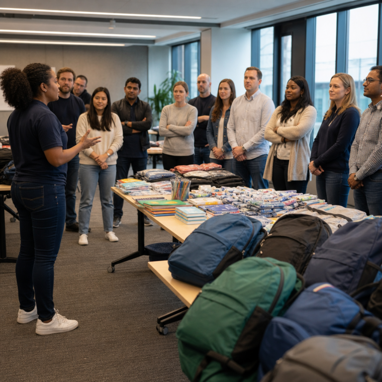 Event host briefing a corporate team before the charity backpack-fill activity