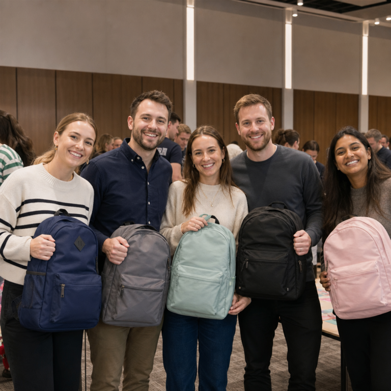 Corporate team with completed charity backpacks at the end of the event