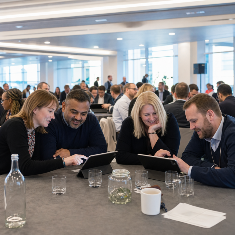 Corporate team completing tablet-led charity challenges in an indoor venue