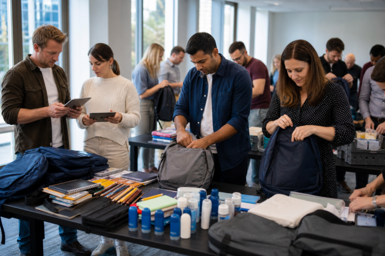 UK corporate team using tablets and packing donated items into backpacks during a charity CSR event indoors