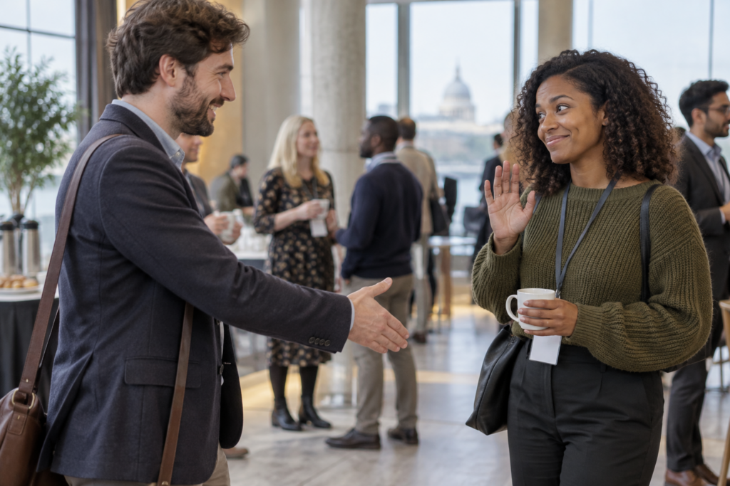Two colleagues hesitate between a handshake and a wave at a work event