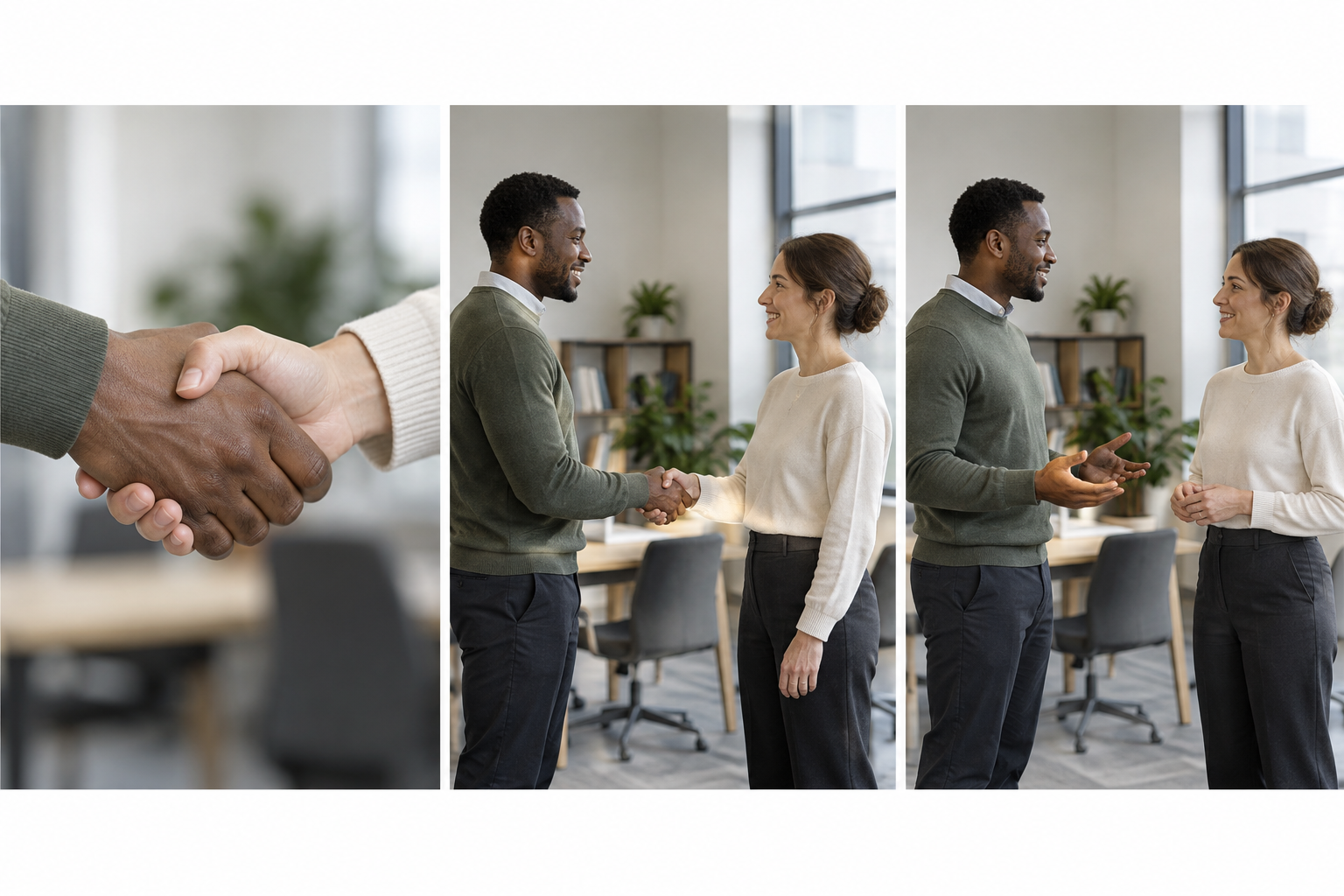 Three views of a comfortable handshake: gentle grip, relaxed arm position and release